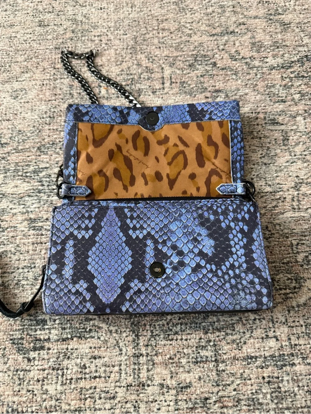 Aimee Kestenberg Blue Snake Pattern Crossbody Bag with Gunmetal Chain